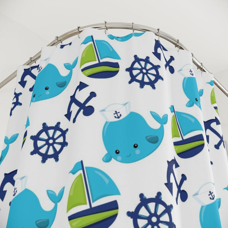 Nautical Kids Shower Curtain, Whale Boat Anchor Navy Green Shower Curtain Whale Bathroom Decor Nautical Boy Bathoom Decor Bath Mat S107