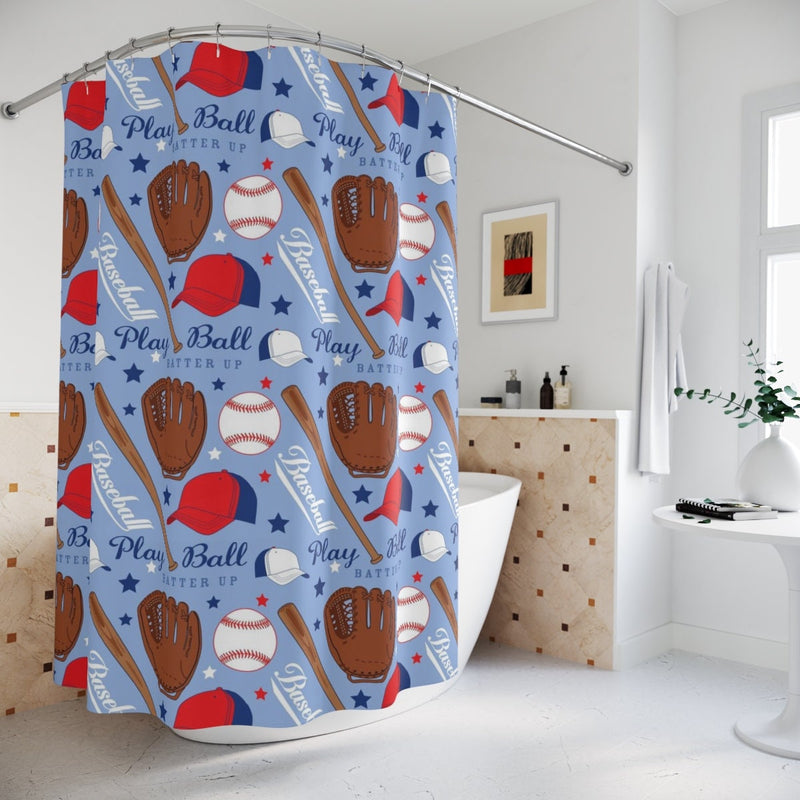 Baseball Kids Shower Curtain, Sports Shower Curtain, Navy Red Playball Baseball Bat Glove Boy Bathroom Kids Bathroom Bath Mat S203