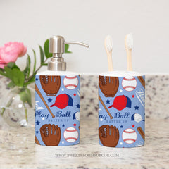 BAseball Kids Ceramic Toothbrush Holder Soap Dispenser Set, Siblings Brother Sports Bathroom  -Sold As a Set P133