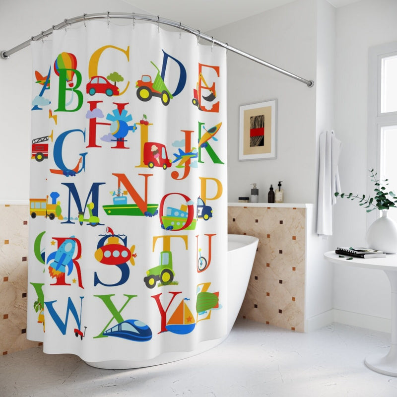 Transportation Alphabet Kids Shower Curtain Numbers Bath Mat Kids Girl Boy ABC Construction Bathroom Decor Siblings Brother Sister S142