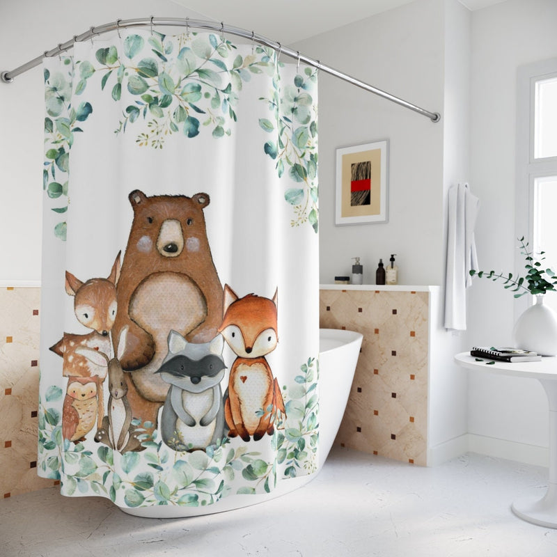 Woodland Animals Kids Shower Curtain Woodland Forest Bath Kids Bathroom Girl Boy Baby Bathroom Decor Siblings Brothers Sisters Leaves S158