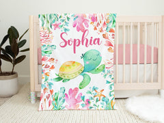 Turtle Baby Girl Blanket, Personalized Turtles Sea Animals Baby Girl Name Blanket Baby Shower Gift Crib Bedding Newborn Gift B1575
