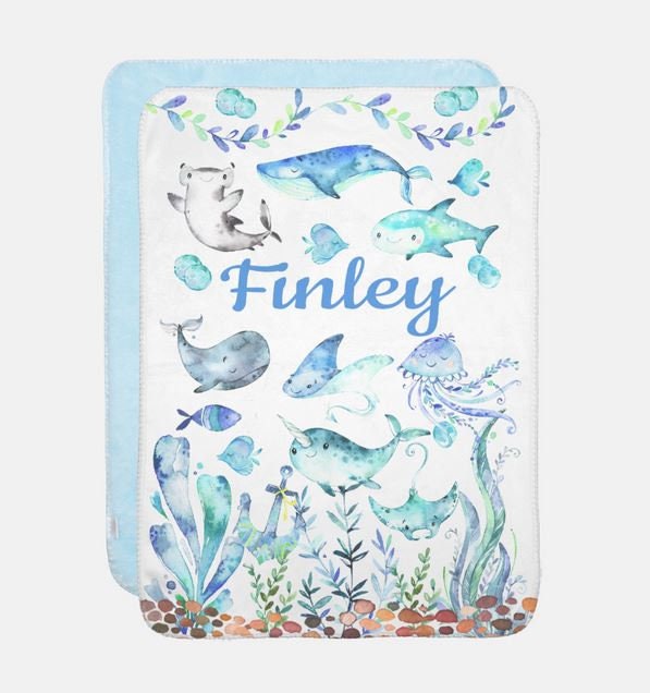 Sea Animals Baby Boy Name Blanket, Personalized Under The Sea Watercolor Blue Green Whale Shark Fish Ocean Baby Shower Gift B1560