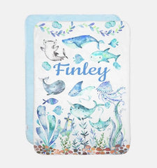 Sea Animals Baby Boy Name Blanket, Personalized Under The Sea Watercolor Blue Green Whale Shark Fish Ocean Baby Shower Gift B1560