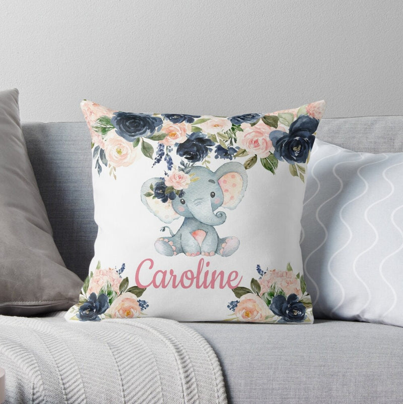 Elephant Floral Name Throw Pillow Watercolor Navy Blue Blush Pink Flowers Nursery Pillow Bedroom Room Decor Cushion   P321