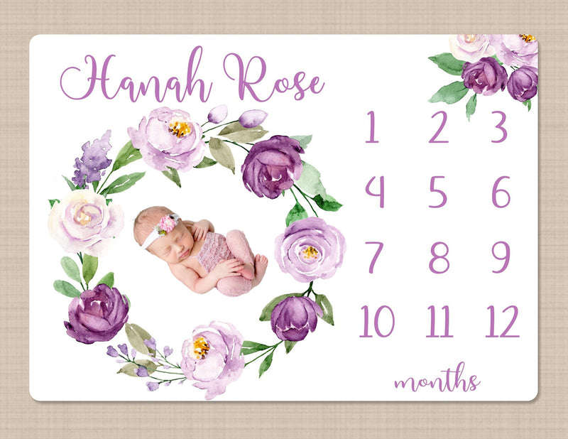 Purple Floral Milestone Blanket, Purple Lavender Watercolor Flowers Monthly Milestone Growth Tracker Newborn Girl Baby Shower Gift B1580