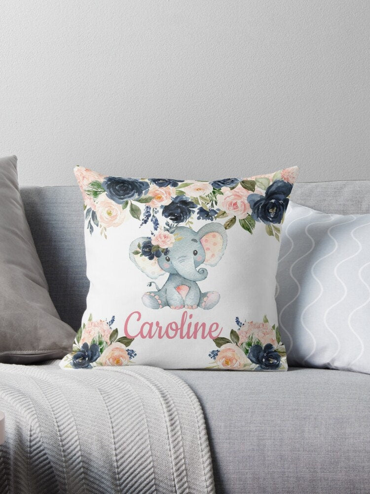 Elephant Floral Name Throw Pillow Watercolor Navy Blue Blush Pink Flowers Nursery Pillow Bedroom Room Decor Cushion   P321