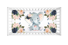 Floral Elephant Crib Sheet Navy Blush Pink Watercolor Flowers Newborn Baby Girl Shower Gift Nursery  C185