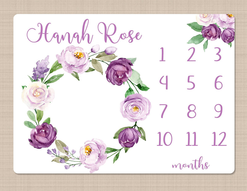 Purple Floral Milestone Blanket,  Lavender Lilac Watercolor Flowers Monthly  Growth Tracker Newborn Baby Girl Baby Shower Gift B1580