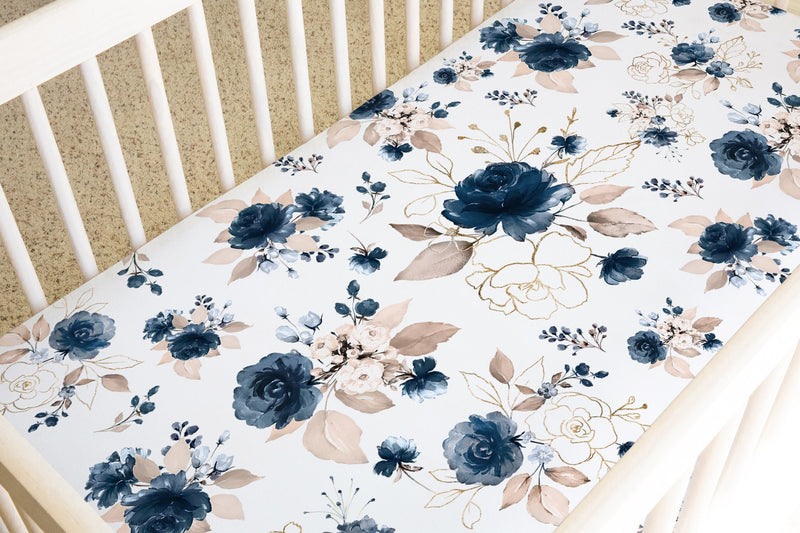 Floral Crib Sheet Watercolor Navy Blue Pink Rose Gold Leaves