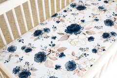 Floral Crib Sheet Watercolor Navy Blue Pink Rose Gold Leaves Flowers Newborn Baby Shower Gift  C186