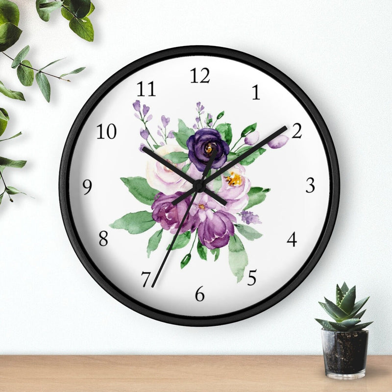 Floral Wall Clock, Purple Lavender Violet Lilac Watercolor Flowers Roses Nursery Wall Clock, Girl Bedroom Wall Decor 146