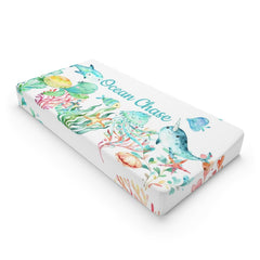 Sea Animals Changing Pad Cover, Under The Sea Watercolor Turtle Jelly Fish Narwhal Shark  C169