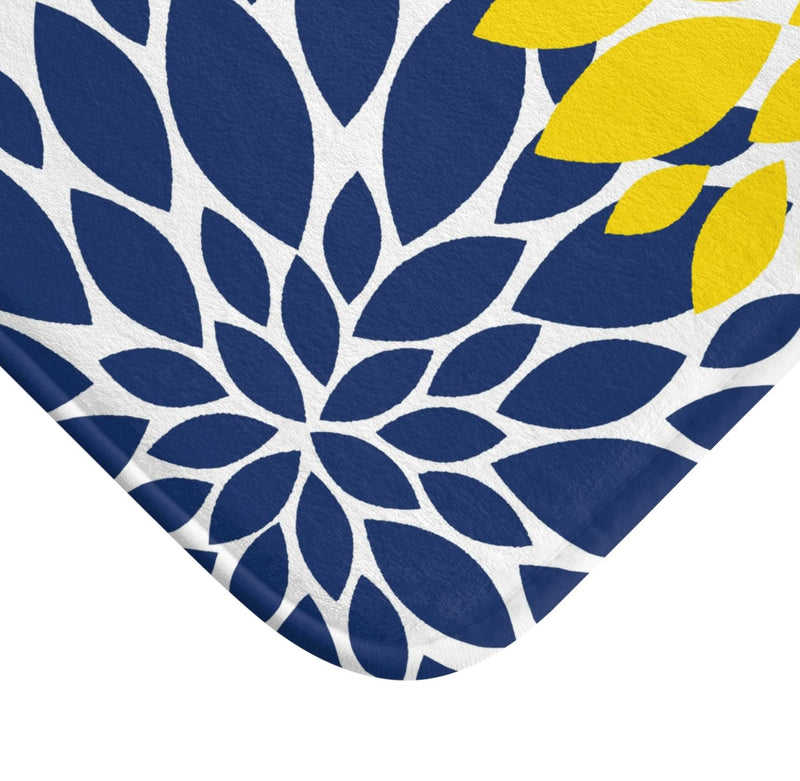 Yellow Navy Blue Dahlia Floral Shower Curtain, Bath Mat