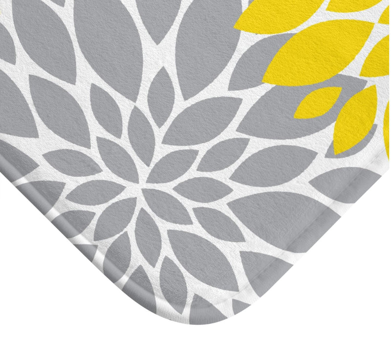 Yellow Gray Dahlia Floral Shower Curtain, Bath Mat