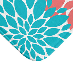 Coral Teal Dahlia Floral Shower Curtain, Bath Mat