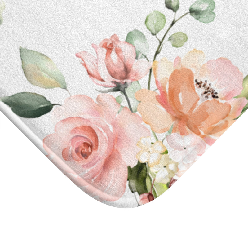 Floral Shower Curtain,Blush Pink Peach Coral Watercolor Flowers Roses Bath Curtain, Bath Mat