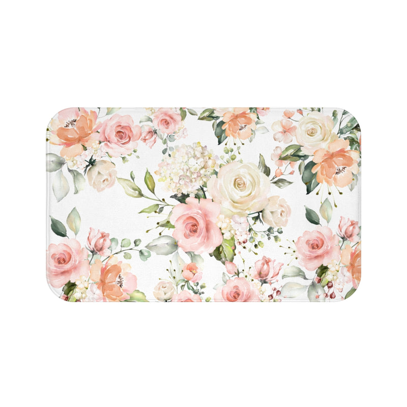 Floral Shower Curtain,Blush Pink Peach Coral Watercolor Flowers Roses Bath Curtain, Bath Mat