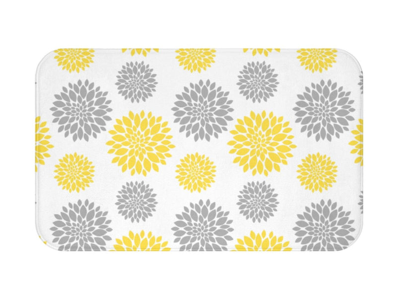 Yellow Gray Dahlia Floral Shower Curtain, Bath Mat