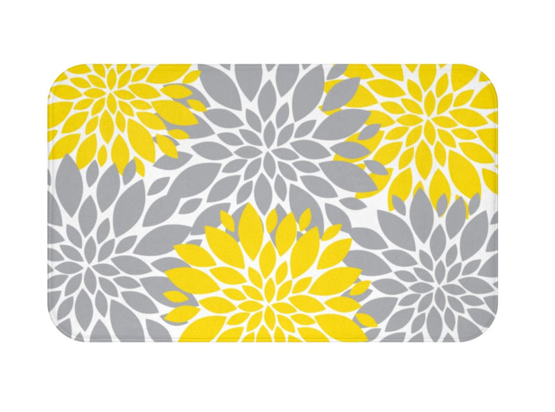 Yellow Gray Dahlia Floral Shower Curtain, Bath Mat