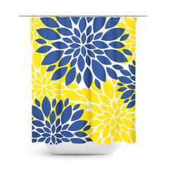 Yellow Navy Blue Dahlia Floral Shower Curtain, Bath Mat