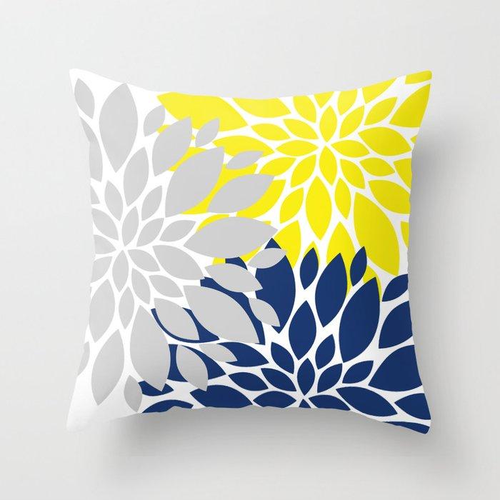 Navy Gray Yellow Floral Throw Pillow, Dahlia Flowers Decortive Pillow