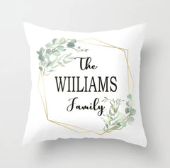 Family Name Pillow, Greenery Leaves Eucalyptus Frame Decorative Pillow  P117