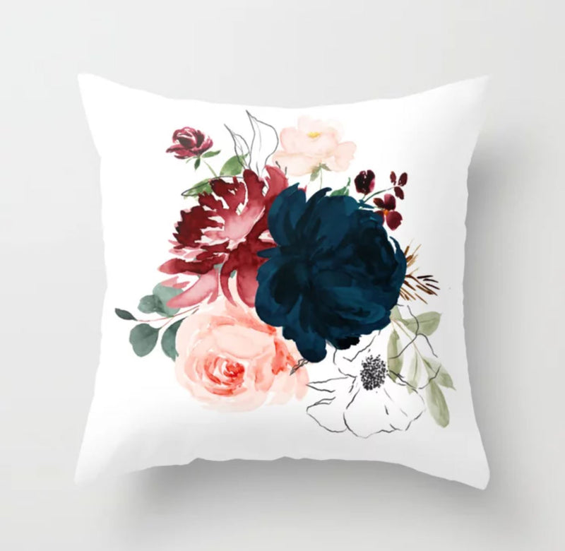 Floral Throw Pillow, Burgundy Red Navy Blush Pink Maroon Watercolor Flowers Roses Decorative Pillow  P111