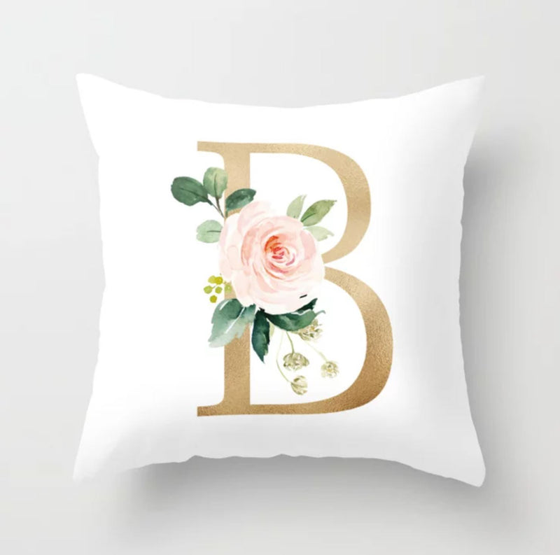 Blush Pink Monogram Floral Throw Pillow, Watercolor Pink Coral Roses Flowers Decorative Pillow P109