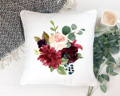 Floral Throw Pillow with Burgundy Red Navy Blush Pink Maroon Flowers P102