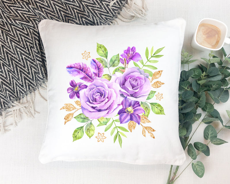 Purple Floral Throw Pillow, Lavender Lilac Gold Flowers Decorative Pillow  P104