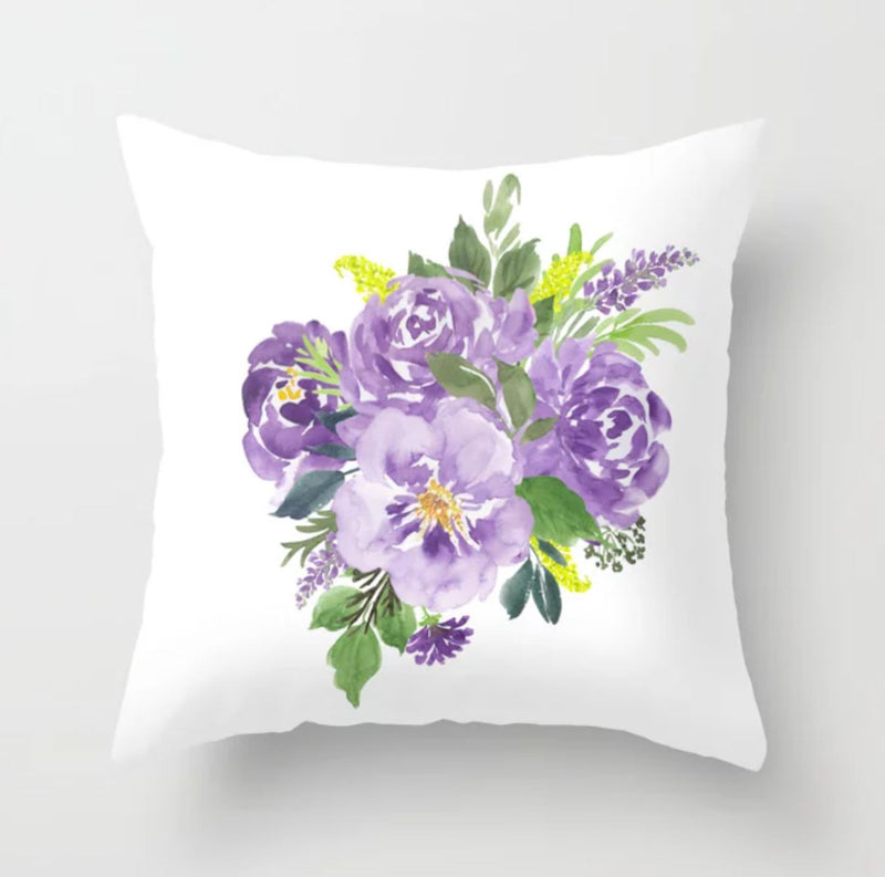 Floral Throw Pillow, Purple Lavender Watercolor Flowers Roses Decorative Pillow P113