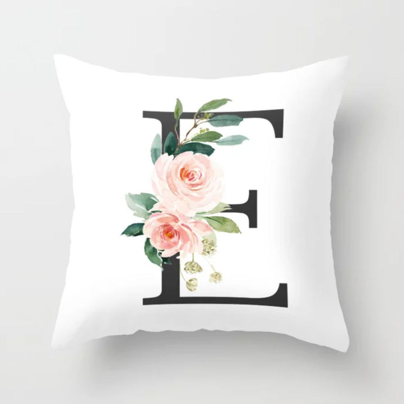 Blush Pink Monogram Floral Throw Pillow, Watercolor Pink Coral Roses Flowers Decorative Pillow P108