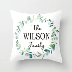 Family Name Pillow, Greenery Leaves Eucalyptus Frame Decorative Pillow Last Name Monogram P118