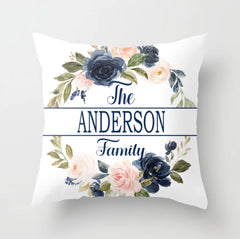 Floral Family Name Pillow, Navy Blush Pink Flowers  Last Name Monogram Wedding GiftP116