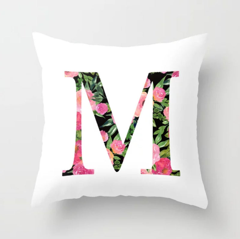 Floral Monogram Pillow, Pink Watercolor Flowers Roses Tropical Leaves Decorative Pillow P112