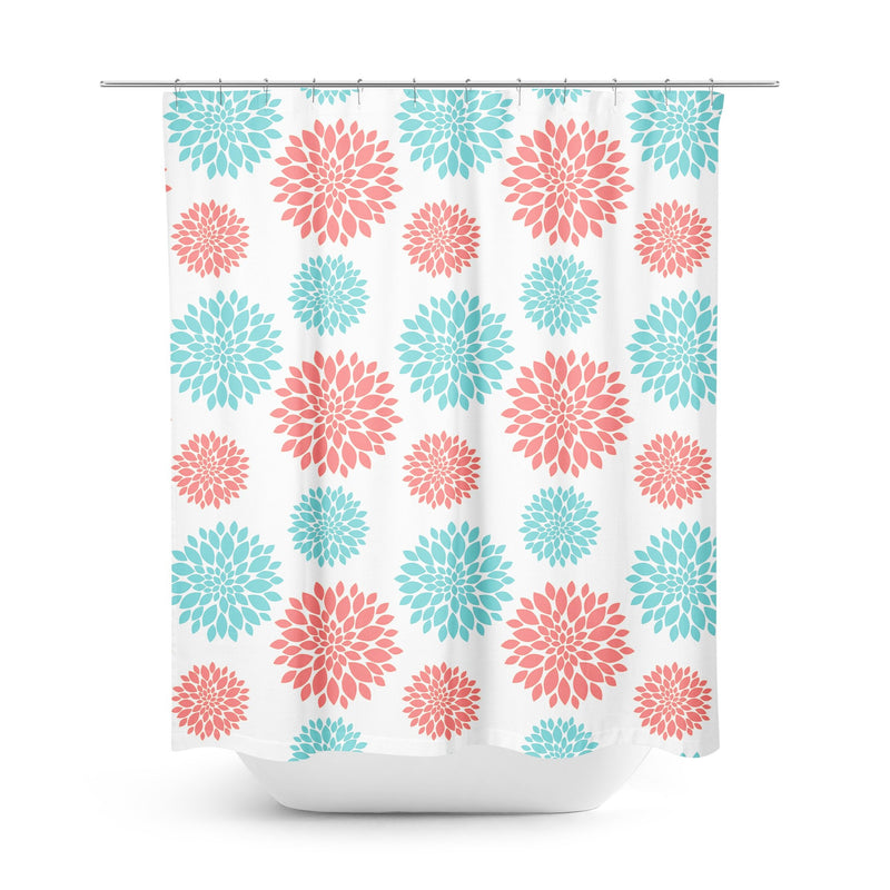 Coral Teal Dahlia Floral Shower Curtain, Bath Mat