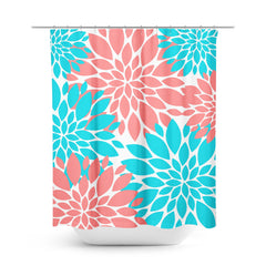 Coral Teal Dahlia Floral Shower Curtain, Bath Mat