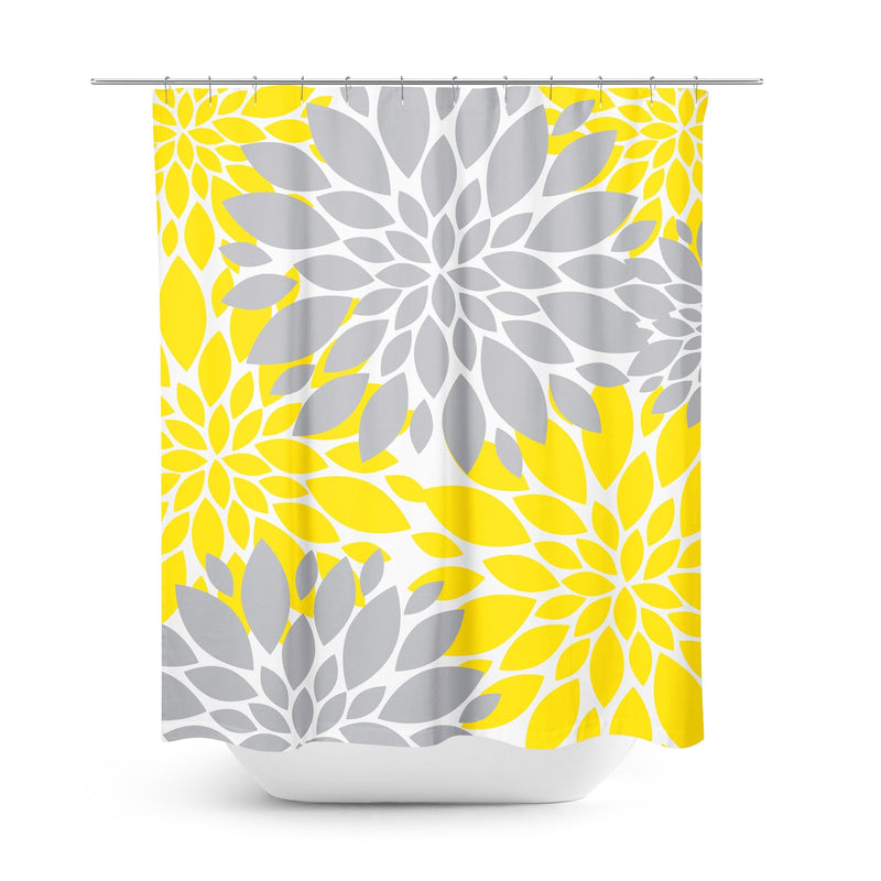 Yellow Gray Dahlia Floral Shower Curtain, Bath Mat