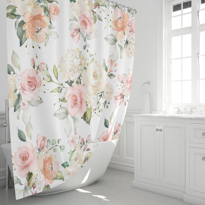 Floral Shower Curtain,Blush Pink Peach Coral Watercolor Flowers Roses Bath Curtain, Bath Mat