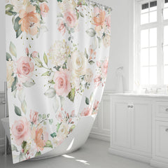 Floral Shower Curtain,Blush Pink Peach Coral Watercolor Flowers Roses Bath Curtain, Bath Mat