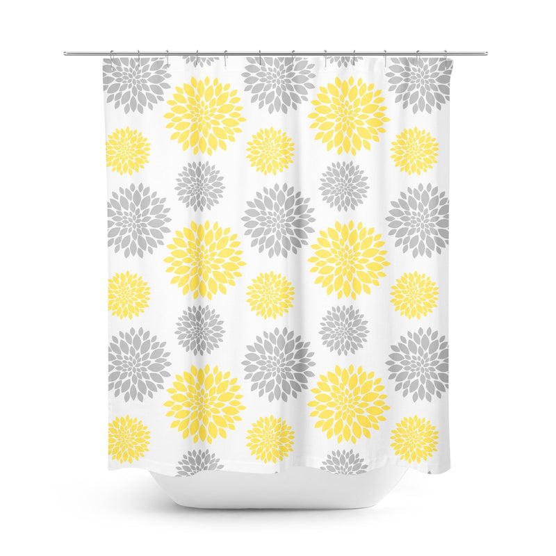 Yellow Gray Dahlia Floral Shower Curtain, Bath Mat