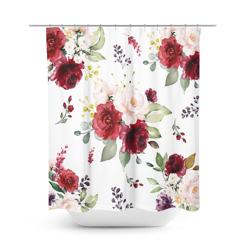 Floral Shower Curtain, Burgundy Red Maroon Blush Pink Watercolor Flowers Bath Curtain, Toothbrush Holder & Soap Dispenser Set