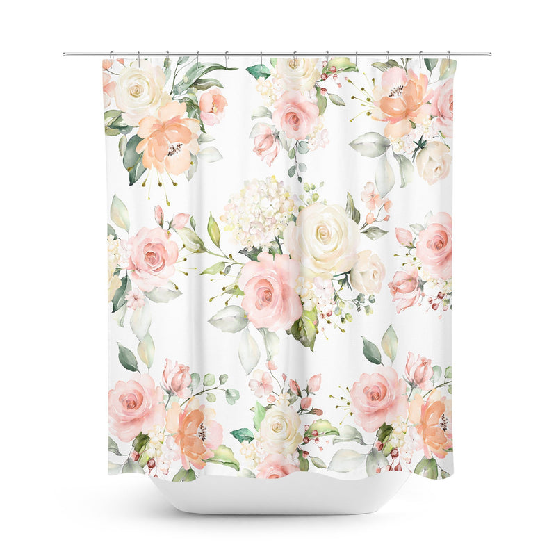 Floral Shower Curtain,Blush Pink Peach Coral Watercolor Flowers Roses Bath Curtain, Bath Mat